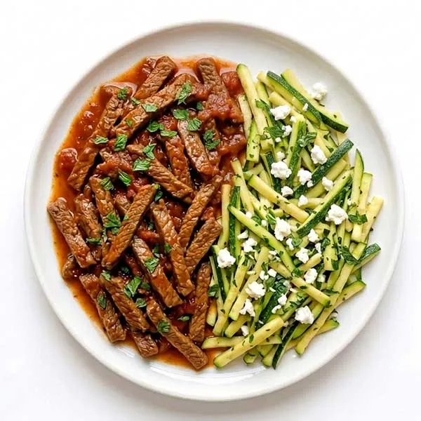Greek soutzoukakia diced beef with minted zucchini